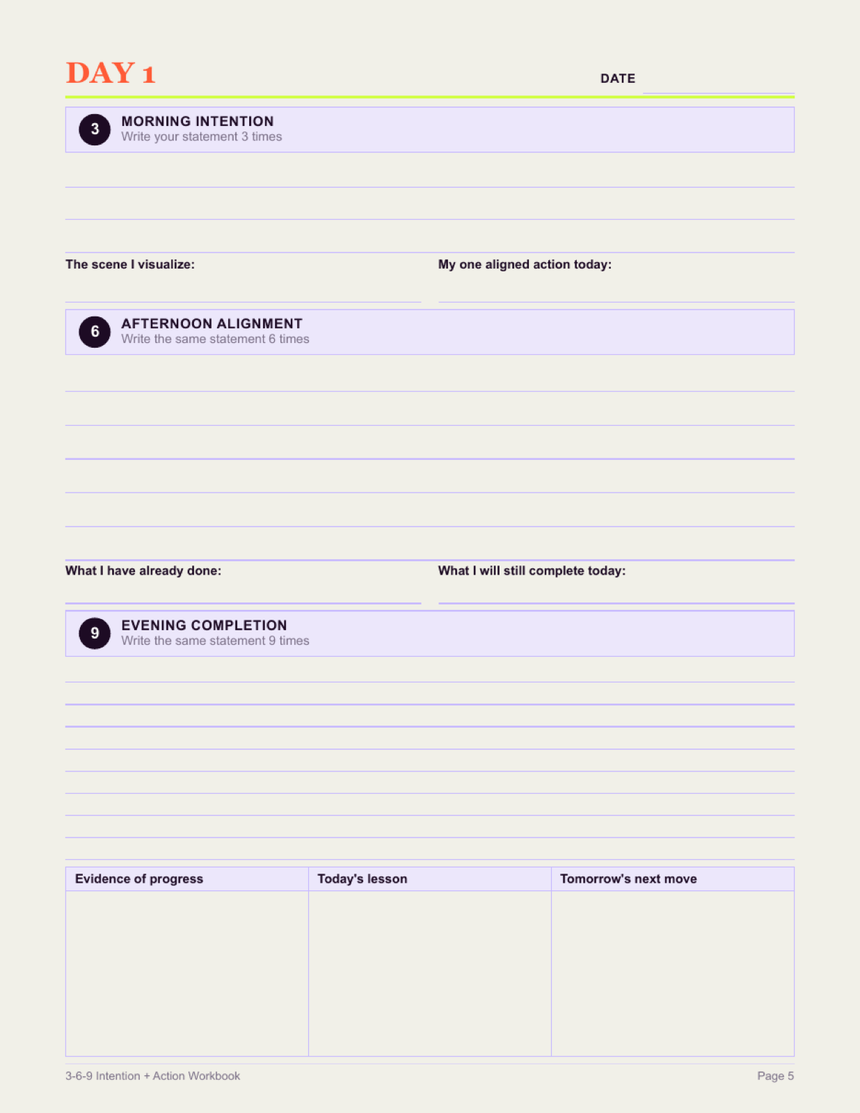 Daily worksheet with morning intention, afternoon alignment, evening completion, and progress prompts