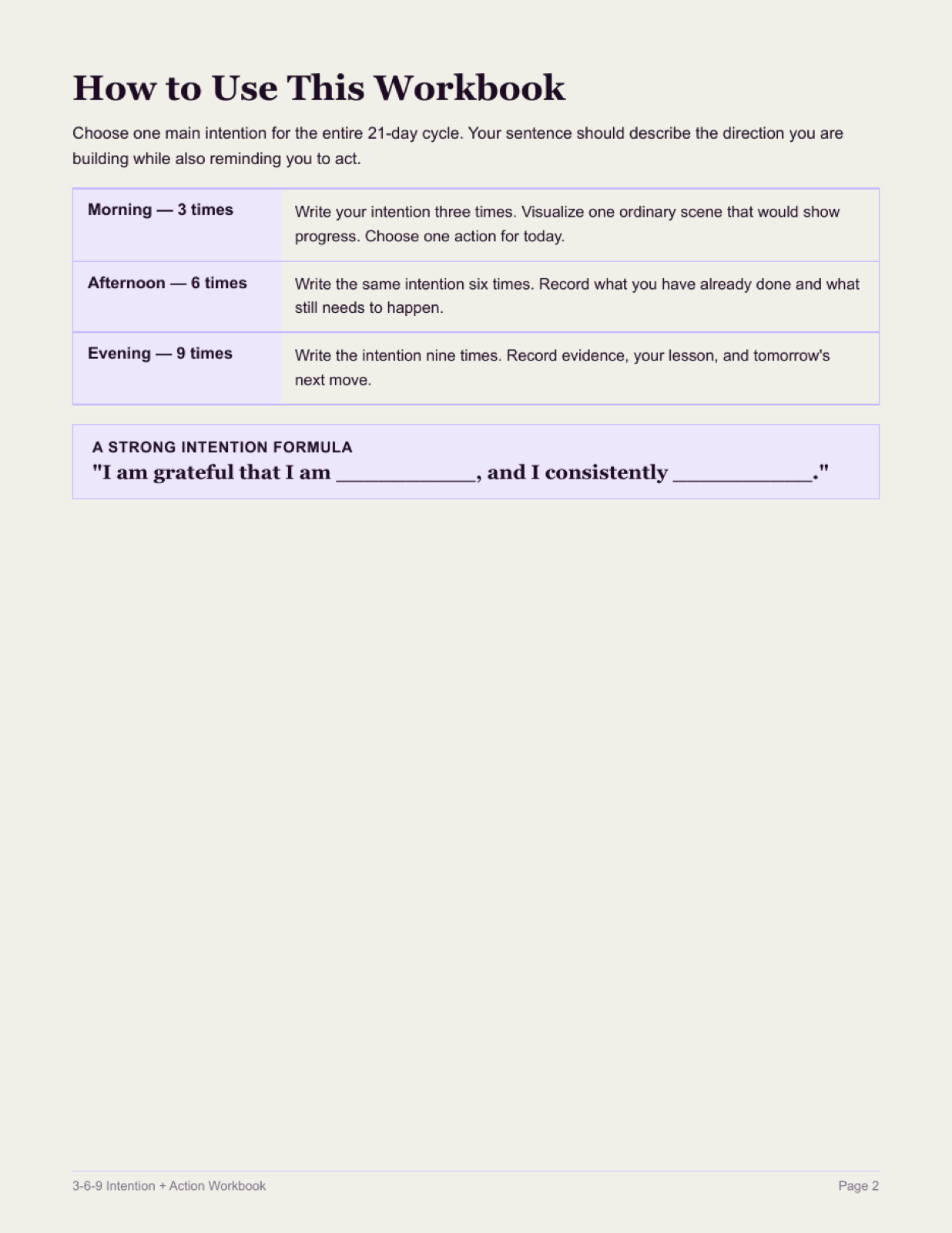 How to Use This Workbook page explaining the morning, afternoon, and evening practice