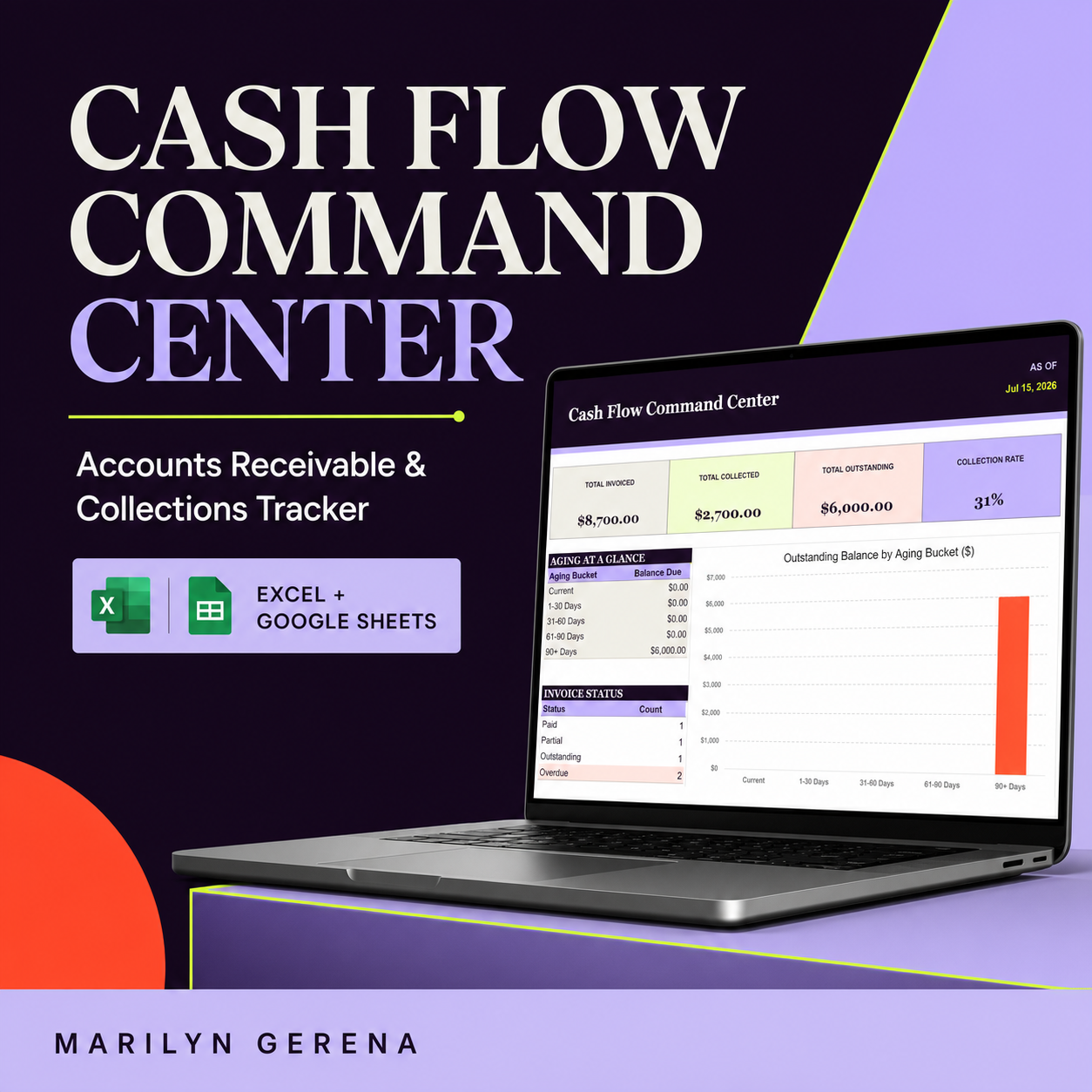 Cash Flow Command Center workbook shown on a laptop