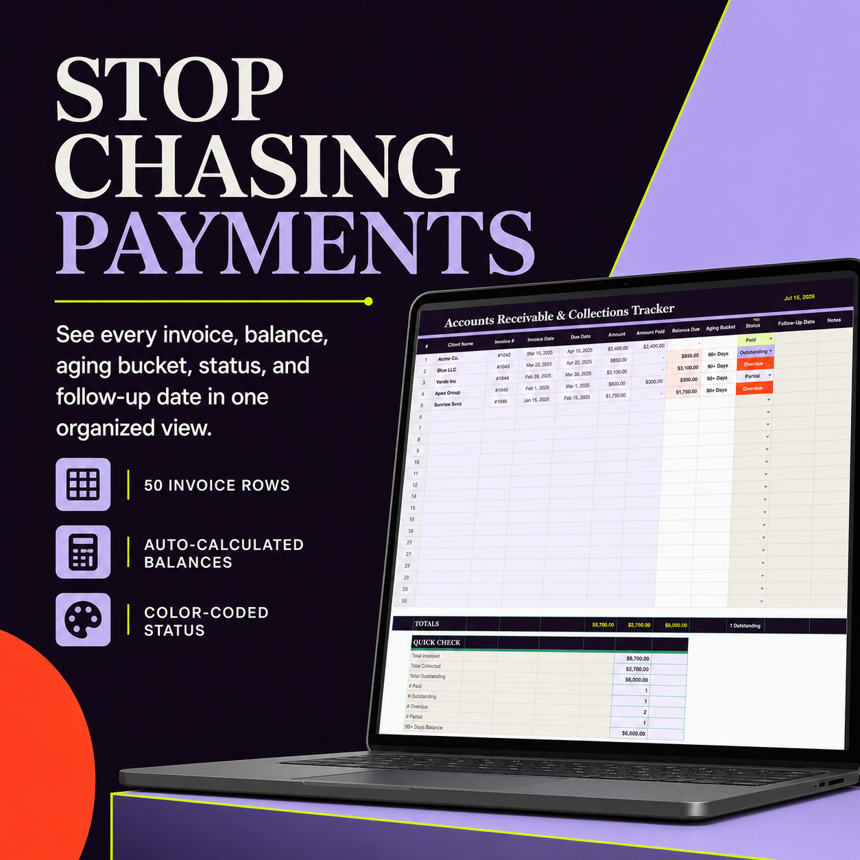 Accounts Receivable tracker with invoice rows, balances, aging buckets, and color-coded statuses