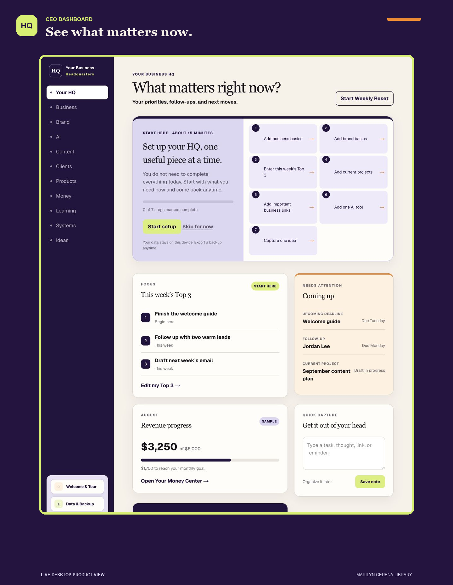 Desktop view of the Business HQ dashboard and navigation