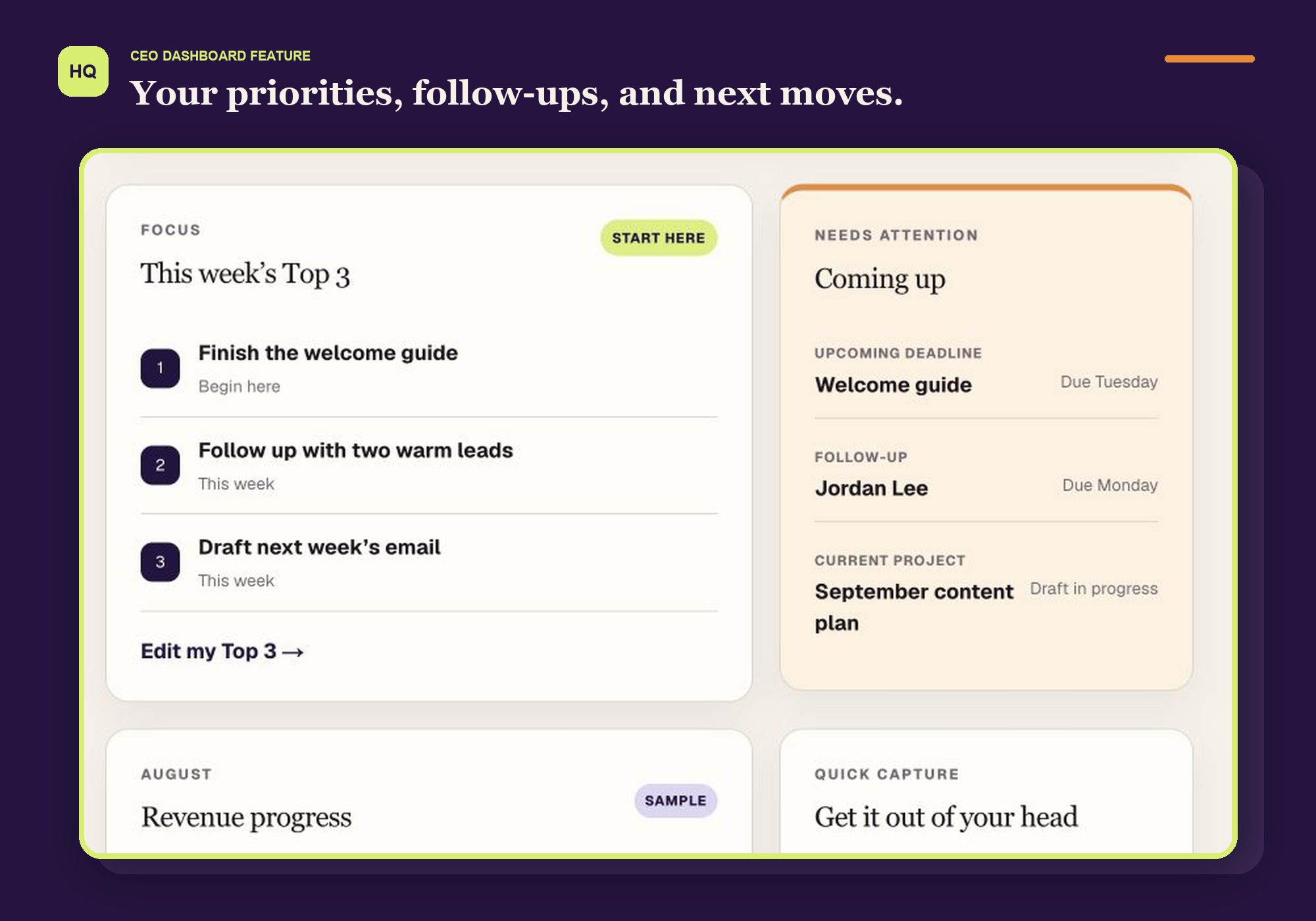 CEO Dashboard showing weekly priorities, follow-ups, revenue context, and quick capture
