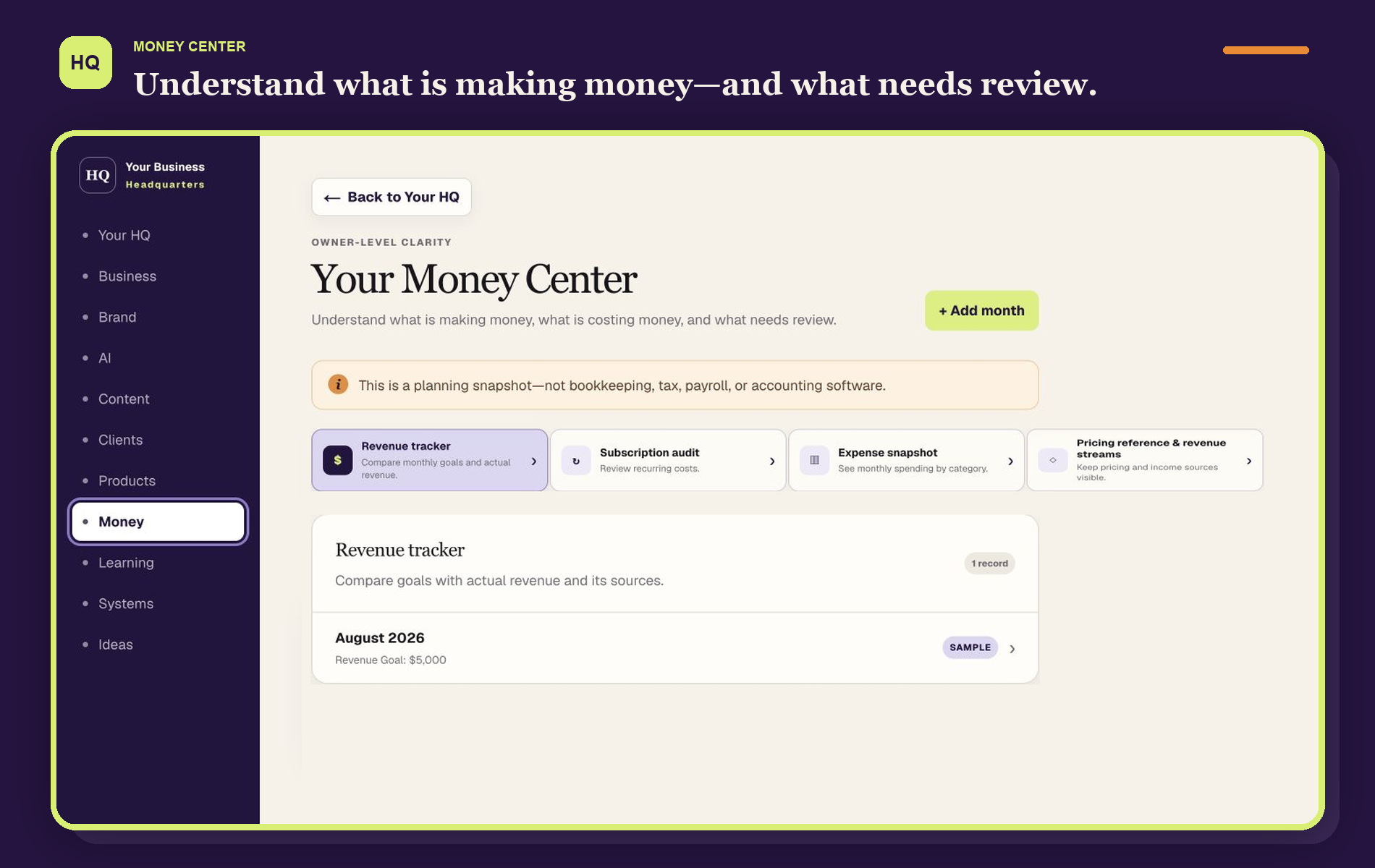 Money Center planning snapshot with monthly revenue and business costs