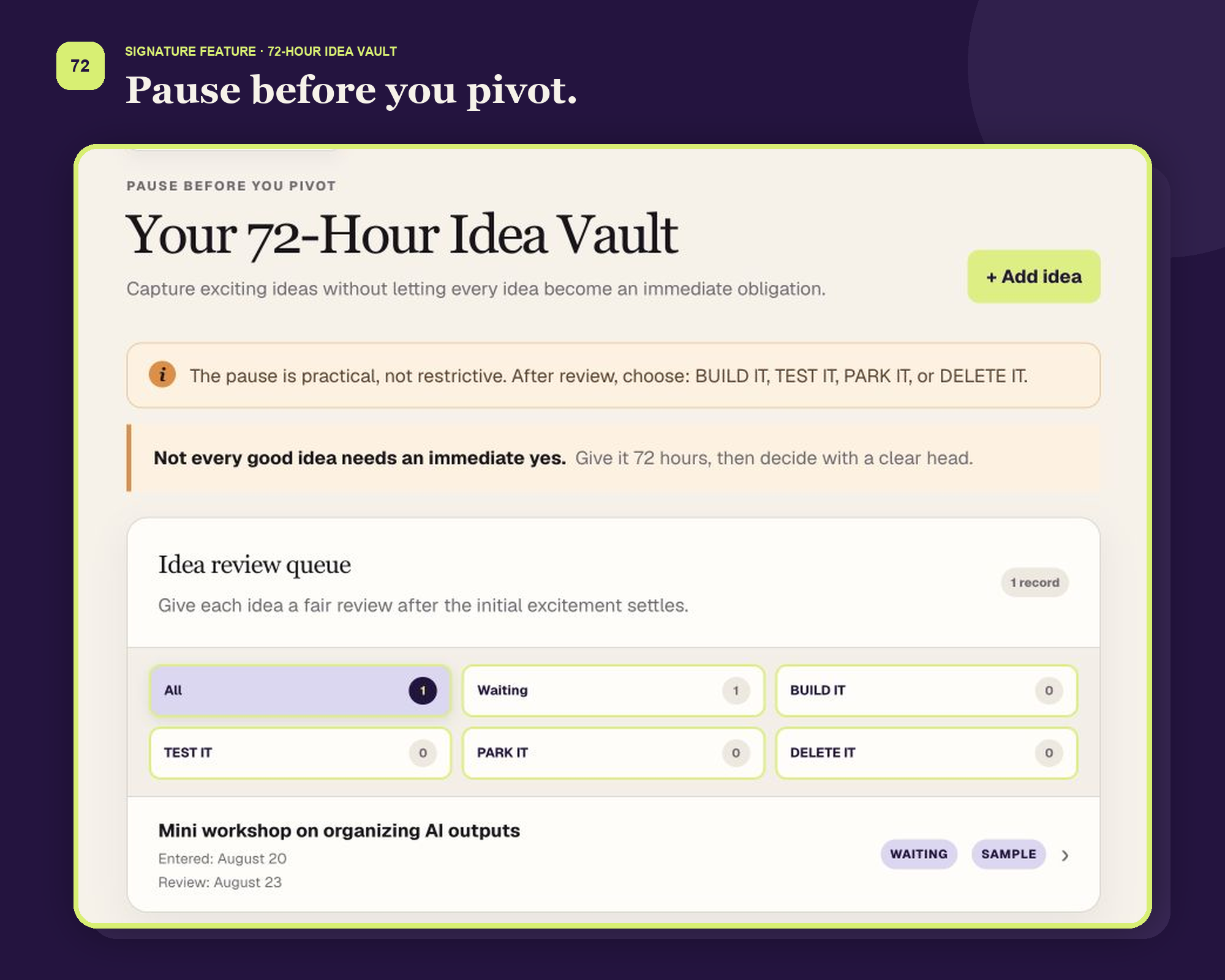 72-Hour Idea Vault with ideas waiting for thoughtful review
