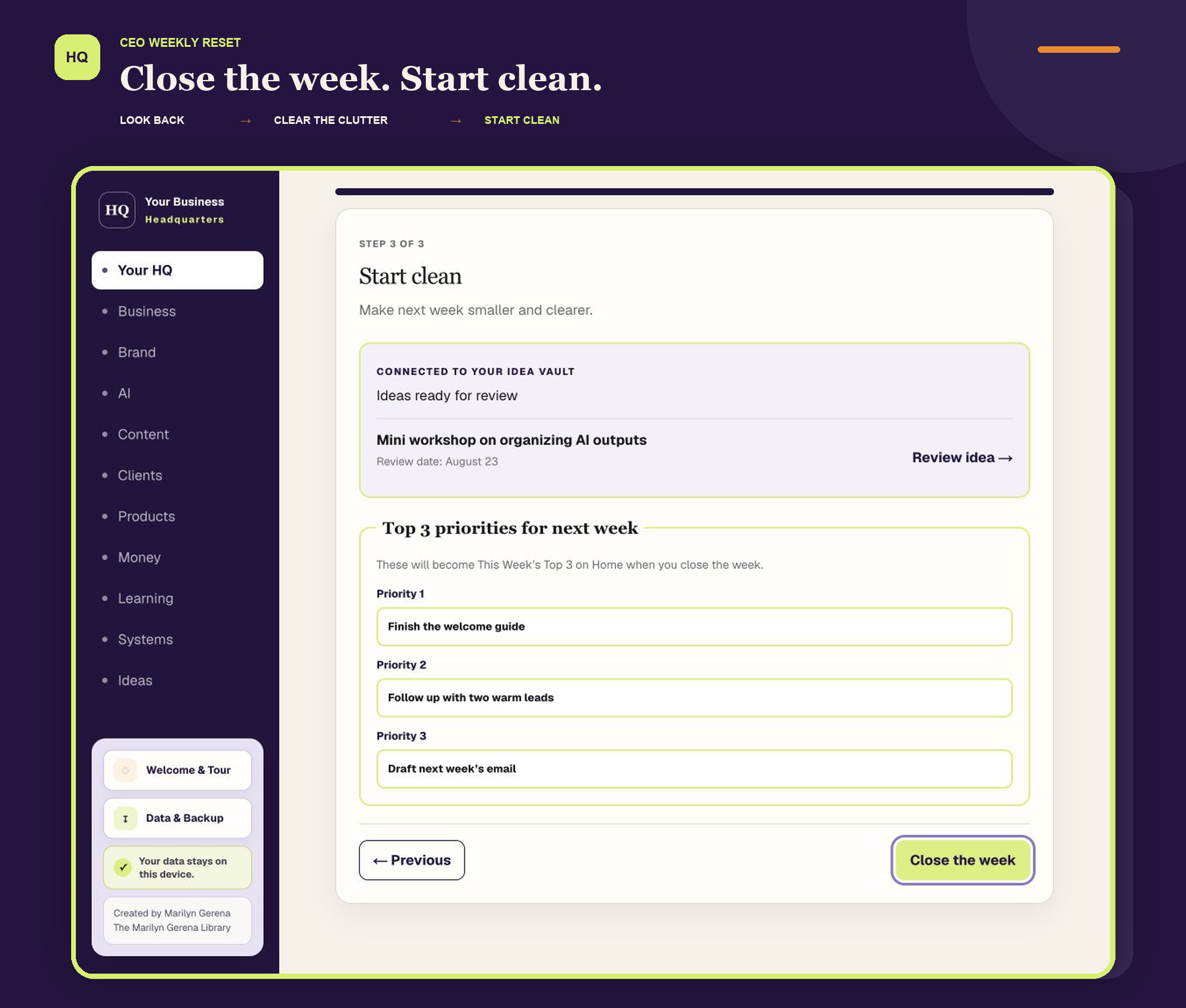 CEO Weekly Reset showing the final step for choosing next week’s priorities