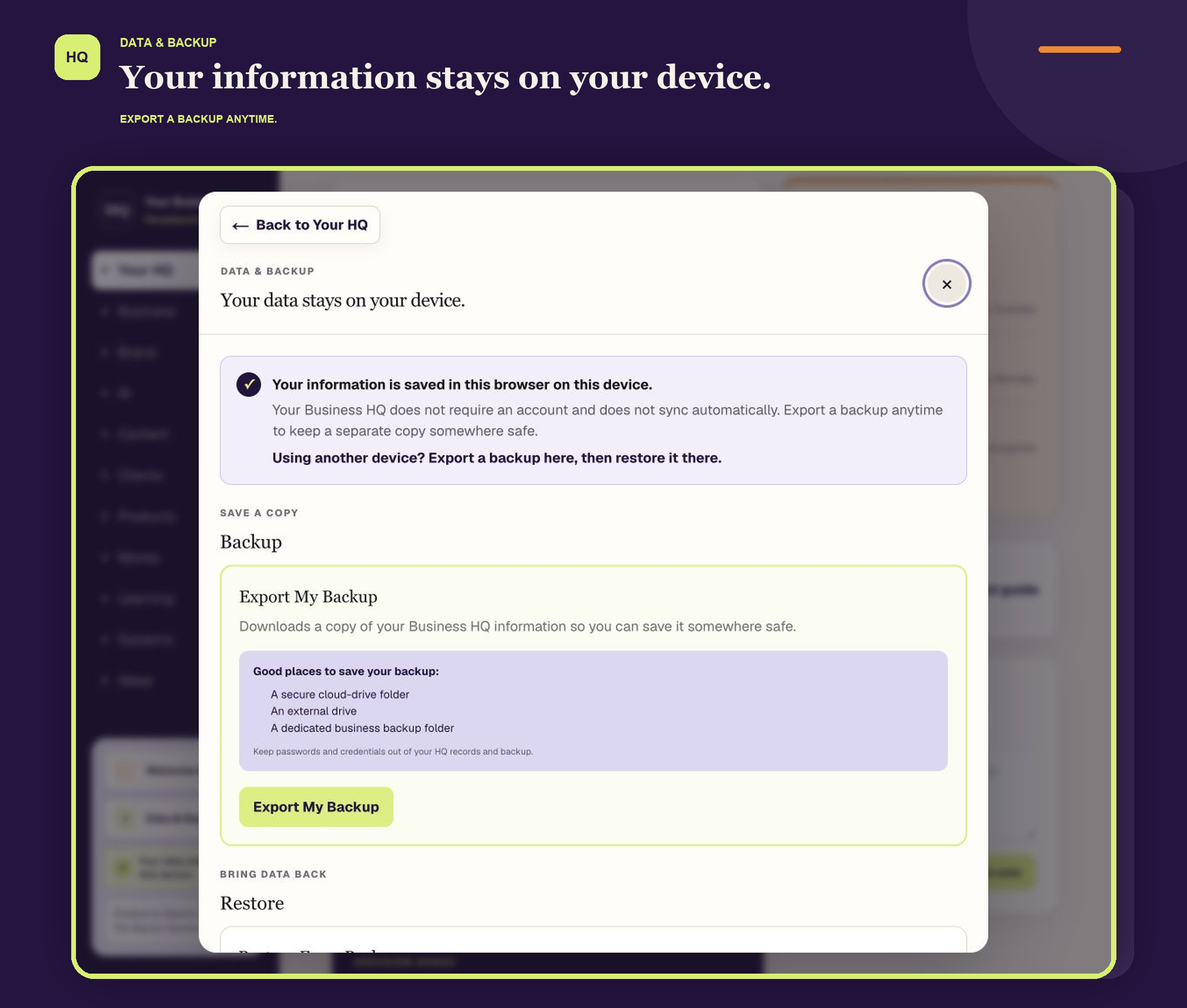 Data and Backup screen explaining local browser storage, export, and restore